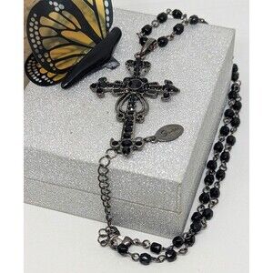 GUESS Black Faceted Stones Cross Beaded Pendant Necklace**